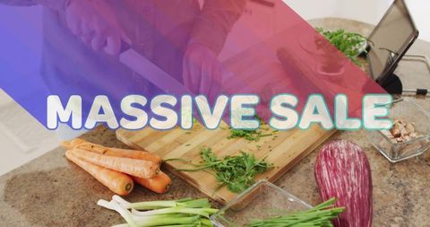 Massive Sale overlay on home cooking scene with woman chopping herbs and vegetables