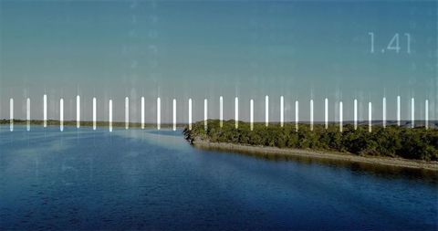 Scenic Coastal Inlet with Digital Overlay Creating Tranquil Vibe