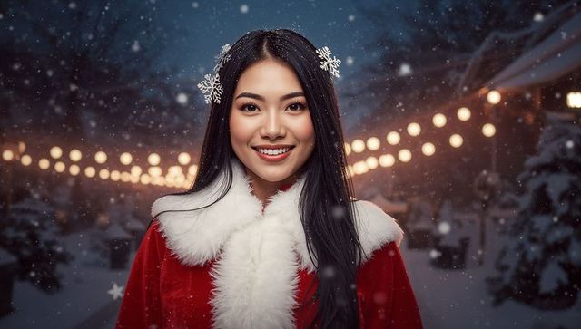 Smiling woman with snowflake hair clips standing on snowy walkway