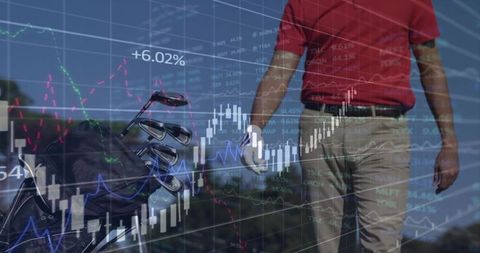 Golfer Walking with Golf Bag with Stock Market Overlay