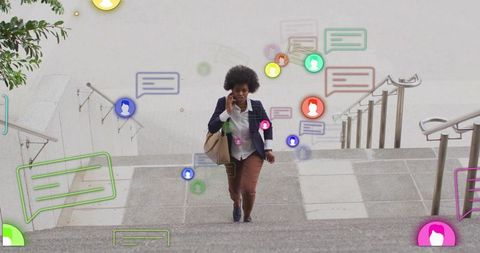 Businesswoman Climbing Stairs with Social Media Communication Icons