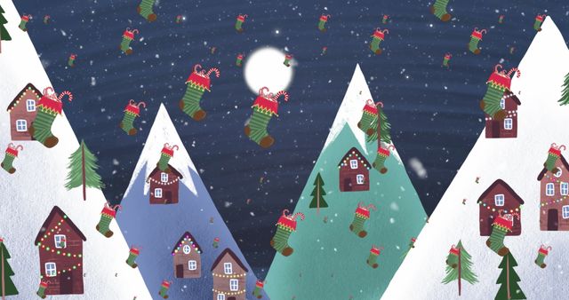 Whimsical Christmas Night with Snowy Mountains and Festive Stockings - Download Free Stock Images Pikwizard.com