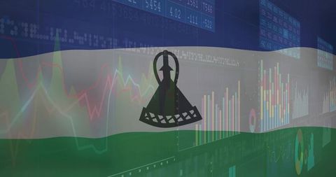 Lesotho flag overlapping financial charts and data analysis
