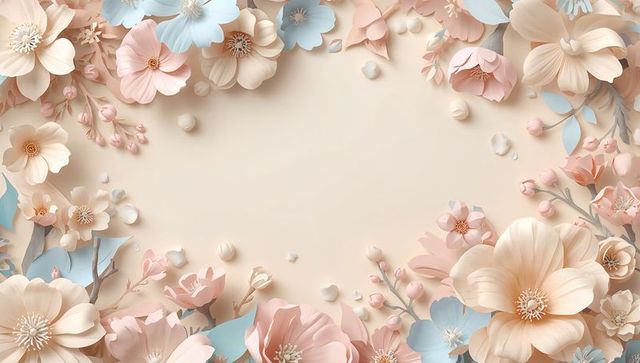 Pastel paper flowers framing cream panel for wedding invitations and bridal stationery