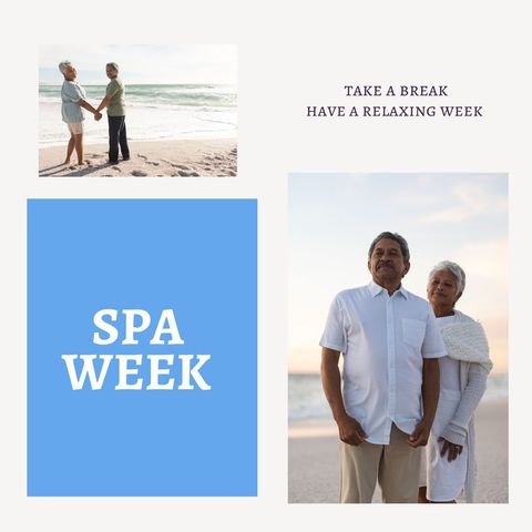 mature couple relaxing on beach promoting spa week - Download Free Stock Templates Pikwizard.com