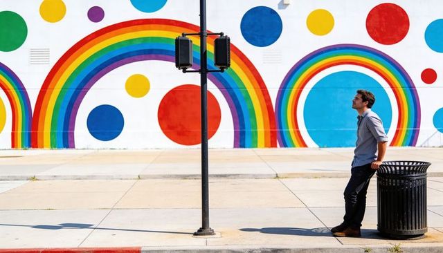 Man leaning on trash bin beside vibrant rainbow mural on urban sidewalk, sunlit