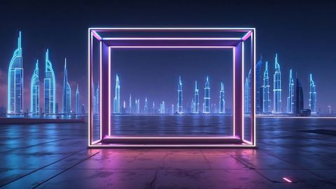 Futuristic Neon Frame Overlooking Cyberpunk Metropolis at Night