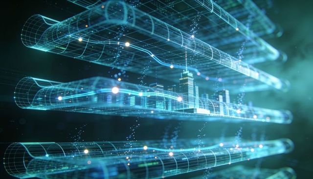 Holographic data conduits mapping layered smart city networks in neon cybergrid