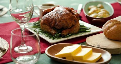 Festive roasted chicken dinner with gourmet table setting