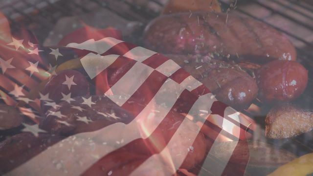 Video shows USA flag overlaying grilling sausages and hot dogs. Ideal for July 4th celebrations, barbecue events, patriotic gatherings, and cooking promotions. Highlights festive spirit and patriotism associated with Independence Day and summer cookouts.