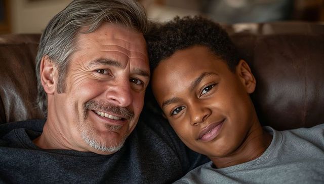 Smiling father and teen son sharing warm cozy moment on brown leather sofa