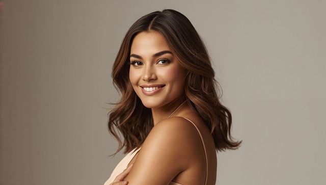 Smiling woman posing in studio portrait wearing sleeveless beige top and delicate necklace