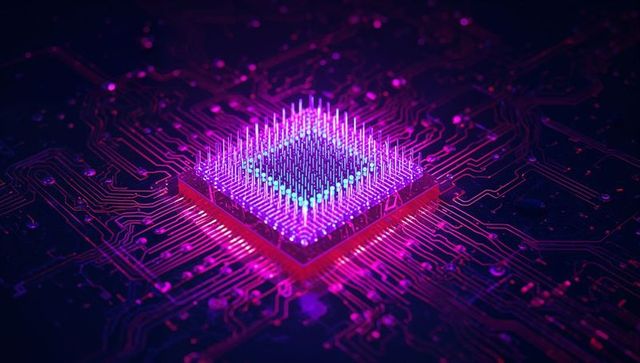 Neon-Lit Microchip on Circuit Board Depicting Futuristic Technology