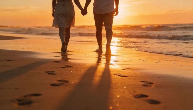 Couple walking hand in hand on beach at sunset leaving footprints in wet sand