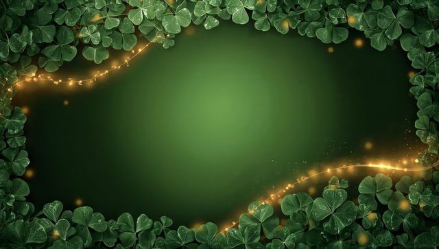 Clover Garland Framing Green Gradient Center with Golden Lights and Sparkling Bokeh