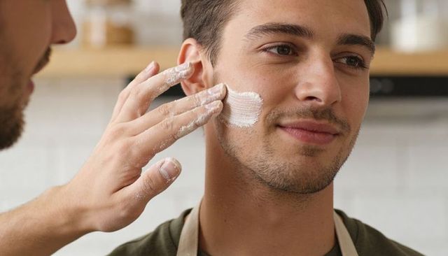 Applying skincare cream on male cheek in home kitchen with aprons, jars and soft focus
