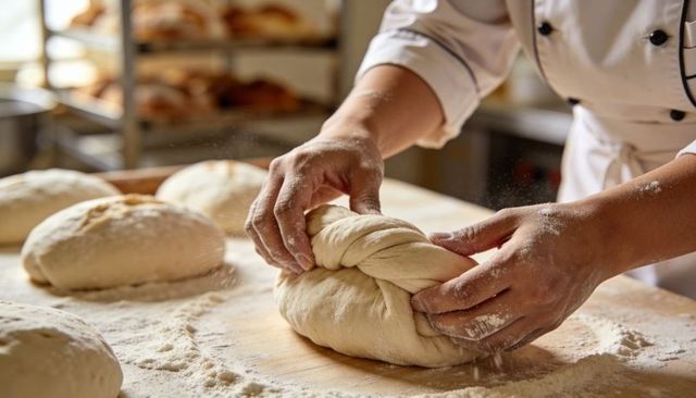 Artisanal baker shaping braided bread dough on floured board in rustic bakery kitchen