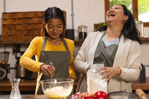 Mother and daughter enjoying baking time in cozy kitchen