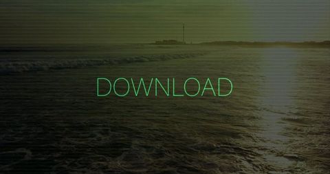 Displaying neon green download text glowing over sunrise sea with glitch effect
