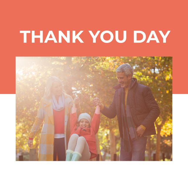 Composition of thank you day text over happy caucasian couple with daughter. Thank you day, appreciation and family concept digitally generated image.