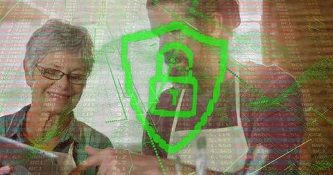 Colleagues Collaborating in Cybersecurity Environment with Digital Overlay