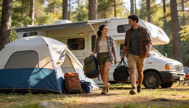 Couple hiking into campground carrying duffel bags toward tent with rv in sunlit forest