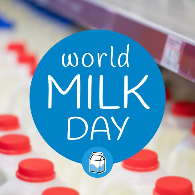 A blue circle with 'World Milk Day' text over partial view of milk bottles with red caps. Ideal for promoting World Milk Day celebrations, highlighting the importance of dairy products and nutrition. Suitable for content related to grocery shopping, the food industry, and global health events.