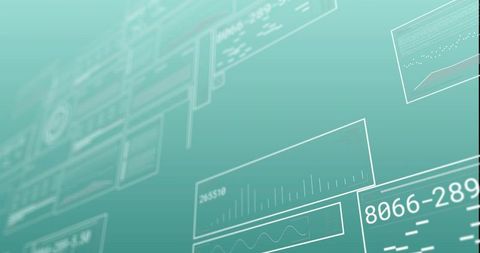 Floating translucent data panels tilting right on teal dashboard with line charts and code