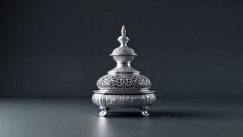 Ornate tiered silver frankincense burner with filigree detail on gray surface