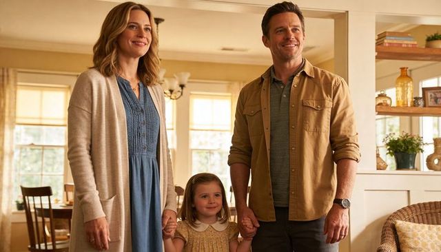 Smiling family holding hands in sunlit cozy home with little girl in yellow dress