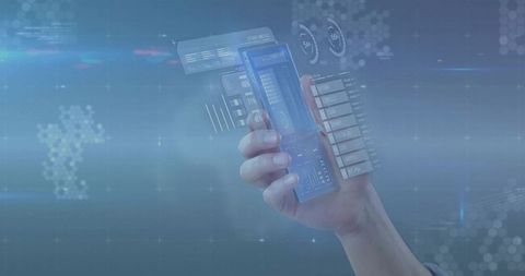 Futuristic Holographic Mobile Interface Showing Analytics Dashboards and Data Controls