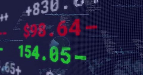 Neon market ticker displaying green 154.05 and red $98.64 on dot-matrix global dashboard