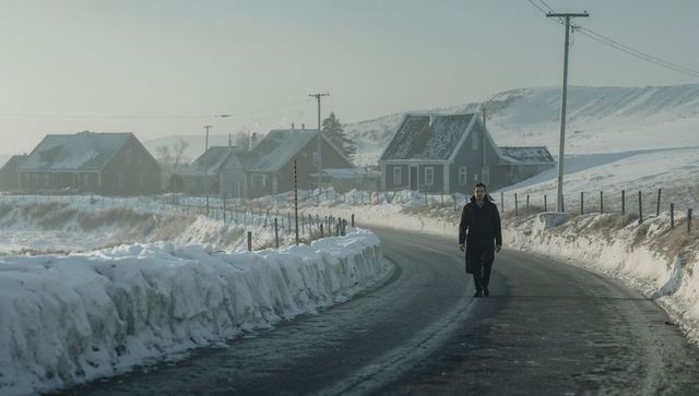 Walking lone man on snowy country road with snowbanks, winter houses, overcast sky