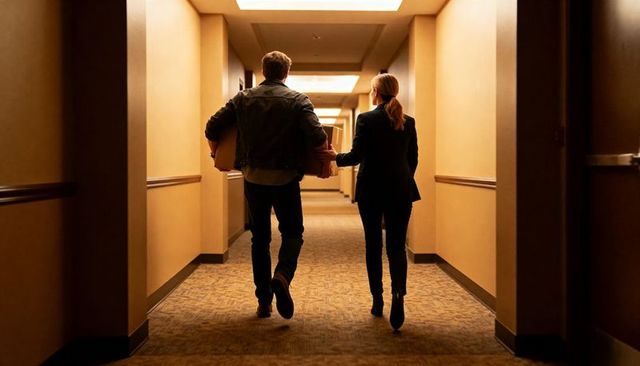 Couple carrying boxes walking down warm hotel corridor moving into room concept