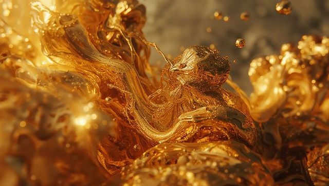Fluid Gold Motion Arcs with Reflective Droplets in Abstract Art