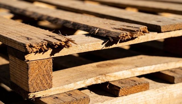 Stacking weathered wooden pallets showing splintered slats, exposed nails and sunlit grain