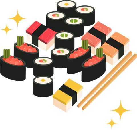 Stylized Sushi Graphics on Transparent Background