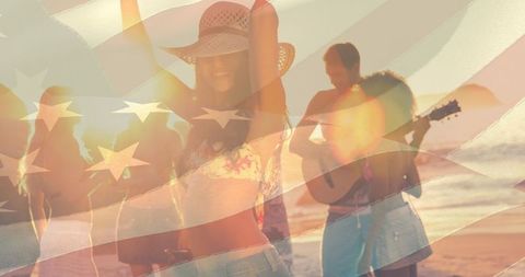 Friends Enjoying Beach Party with USA Flag Overlay