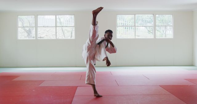 African american male judo fighter in white kimono kicking at sunny gym. Sport, fitness, health and martial arts, unaltered.