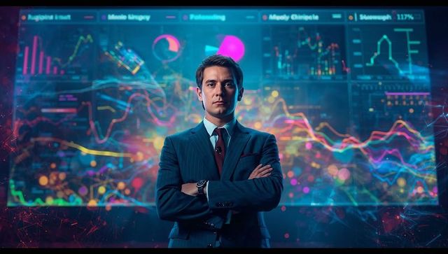 Businessman analyzing digital data dashboard with confidence