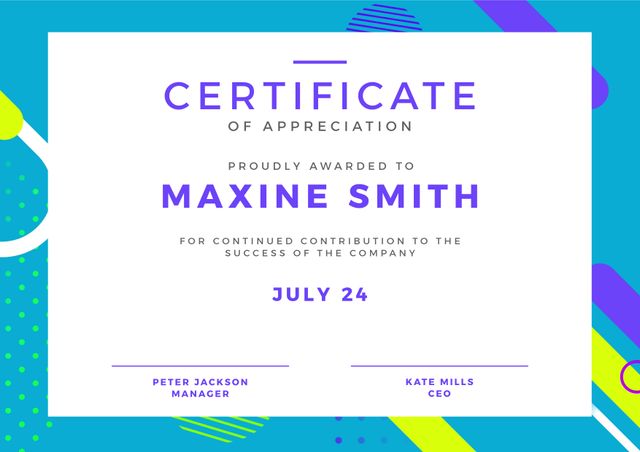 Unique certificate of appreciation template featuring an abstract blue frame. Blank spaces for recipient’s name, date, and signatures make it perfect for corporate recognition, awards, and employee contributions. Ideal for HR departments, events, and appreciation programs.