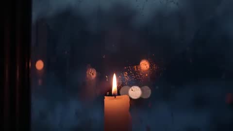 Candle Flame Illuminating Rainy Window with Bokeh Lights