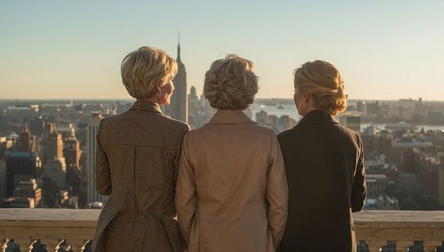 Three professional women overlooking new york city skyline at golden hour from rooftop terrace
