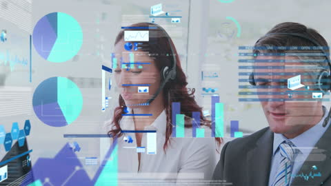 Business Professionals in Call Center with Digital Data Graphics