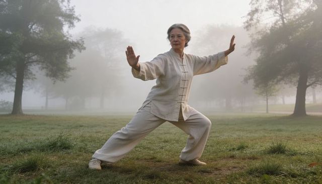 Senior woman practicing tai chi on misty park lawn in traditional uniform at sunrise