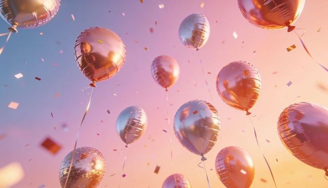 Rose gold and silver foil balloons floating with confetti over pastel sunset sky