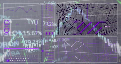 Digital Interface Animation with Stock Market Data Over Cityscape