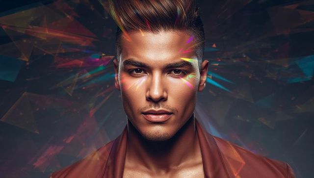 Posing male model wearing brown open-collar jacket with prismatic neon light refractions