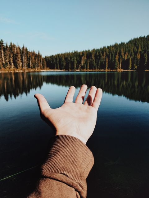 Open hand extends towards serene lake surrounded by forest trees, reflecting in tranquil water. Useful for concepts like reach, exploration, opportunity, environmental harmony. Ideal for promoting tranquility, nature therapy, outdoor adventure.