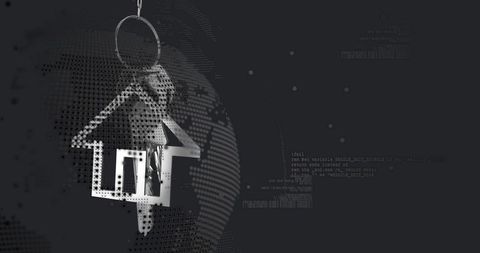 Metal house keychain with key and halftone globe overlaid with code for real estate tech